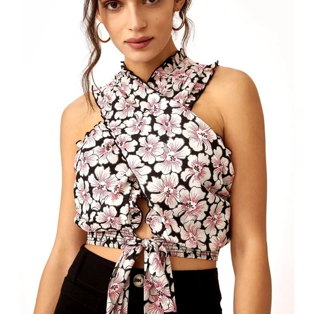 Anthropologie Let Me Be Twisted Halter Floral Cropped Top